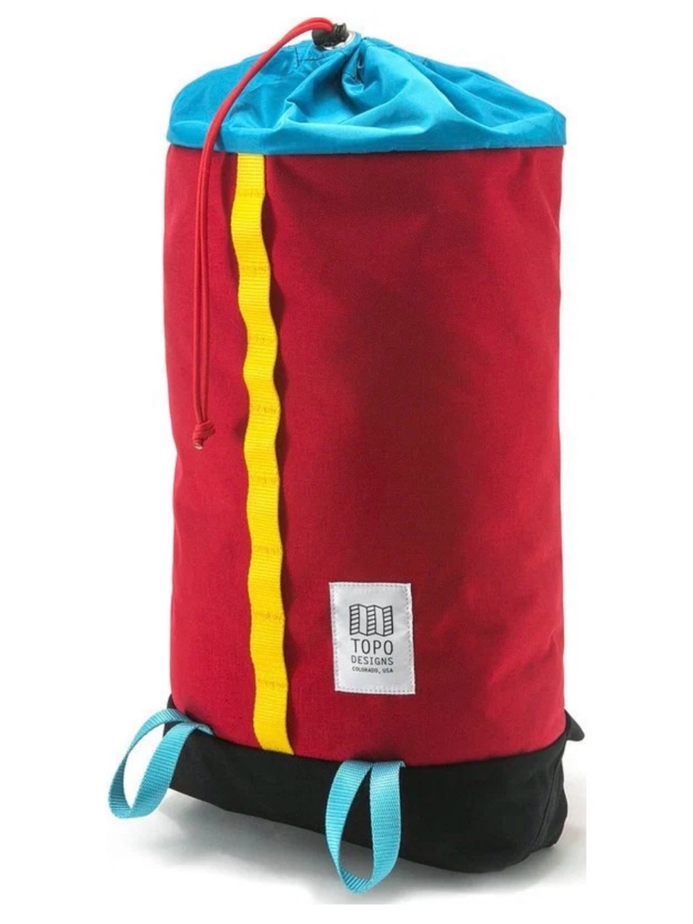 Topo Designs Cosmos Red Drawstring Backpack with Blue Top and Yellow Trim